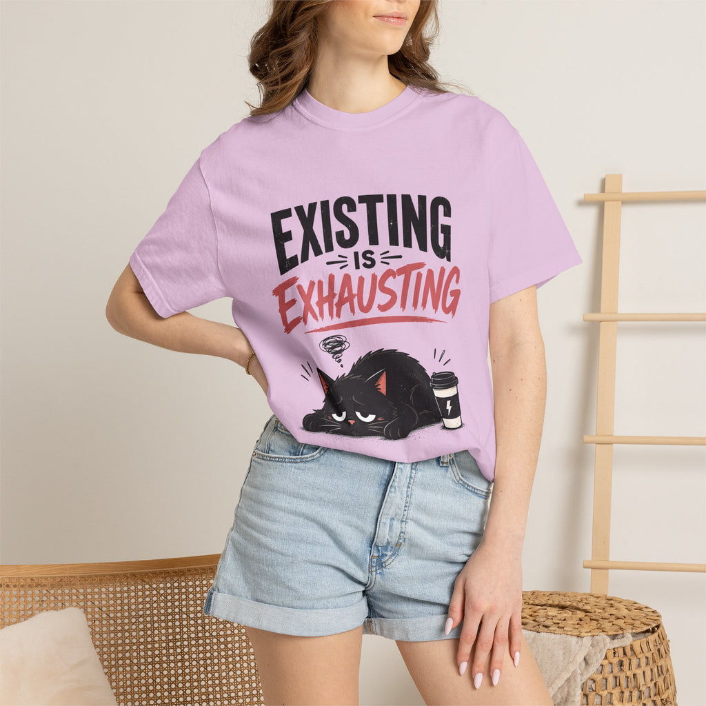 Existing Is Exhausting cat graphic T-shirt | tired black cat, coffee illustration