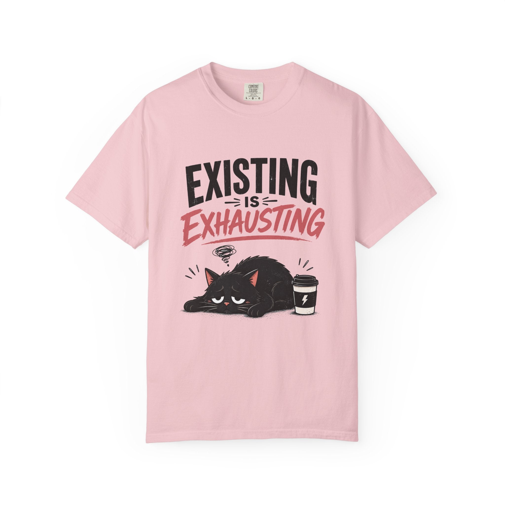 Existing Is Exhausting cat graphic T-shirt | tired black cat, coffee illustration