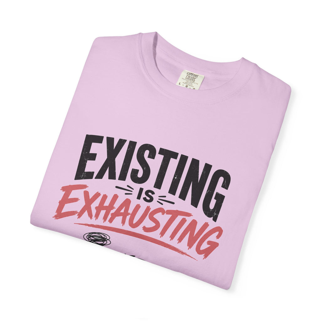 Existing Is Exhausting cat graphic T-shirt | tired black cat, coffee illustration