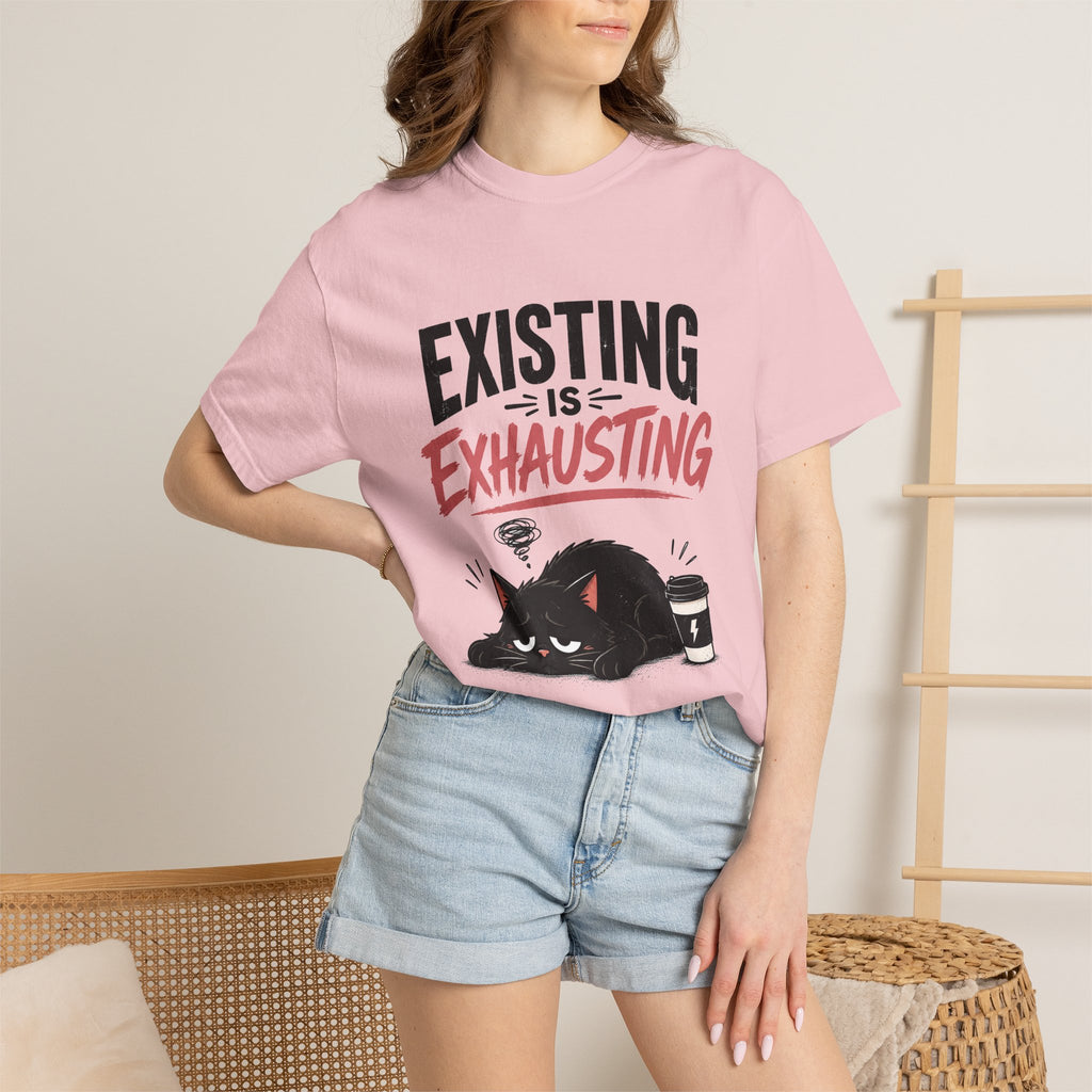 Existing Is Exhausting cat graphic T-shirt | tired black cat, coffee illustration