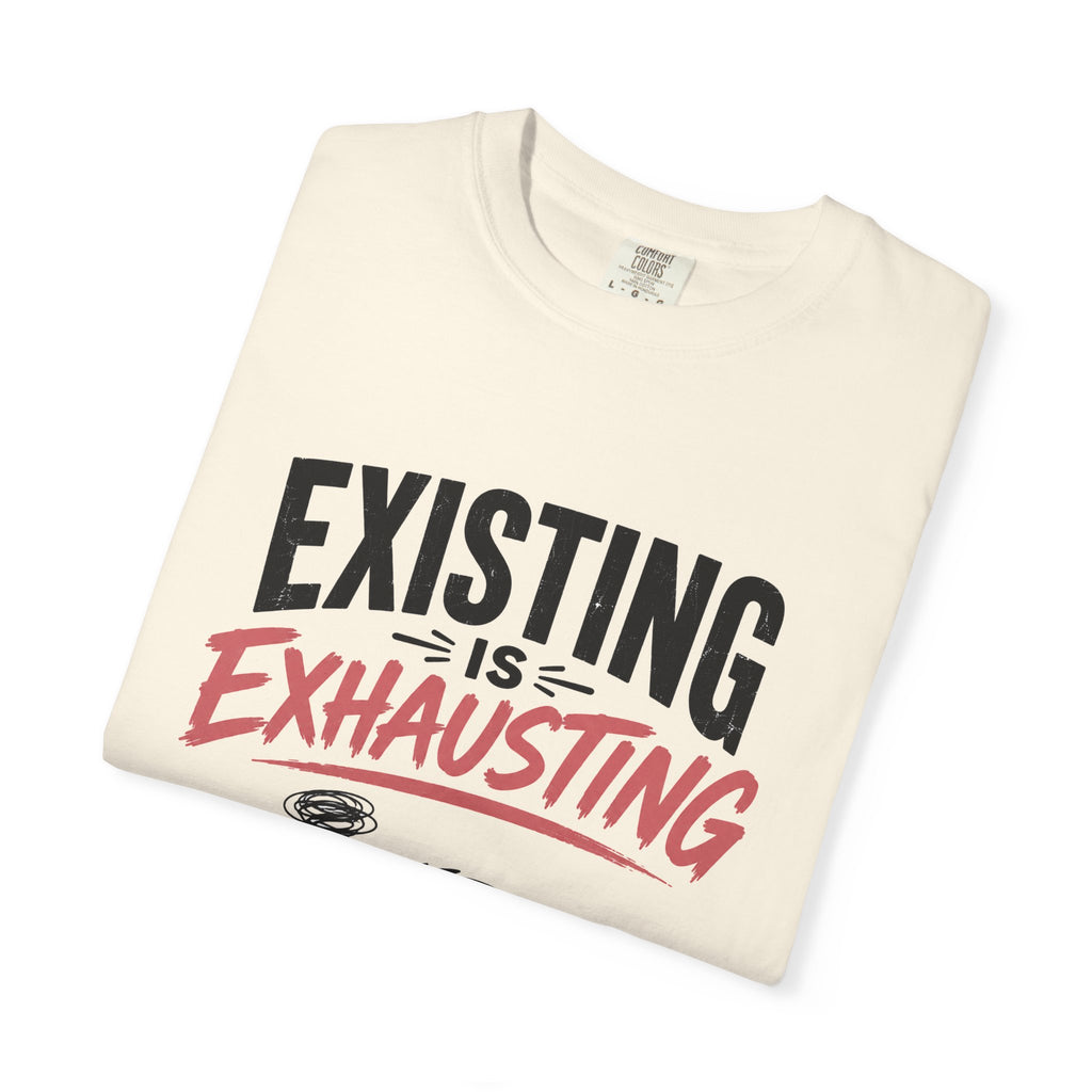 Existing Is Exhausting cat graphic T-shirt | tired black cat, coffee illustration