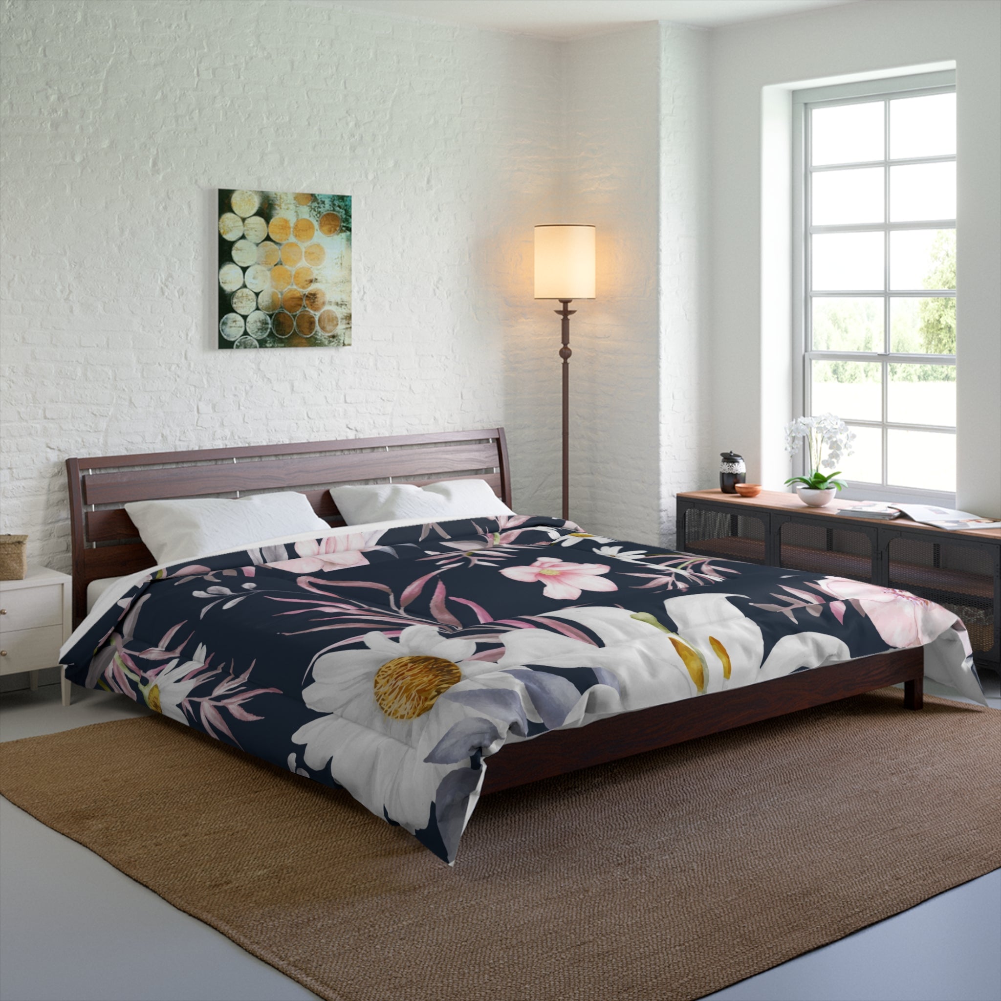 Pink White Floral Comforter | Daisies & Blossoms on Dark Navy