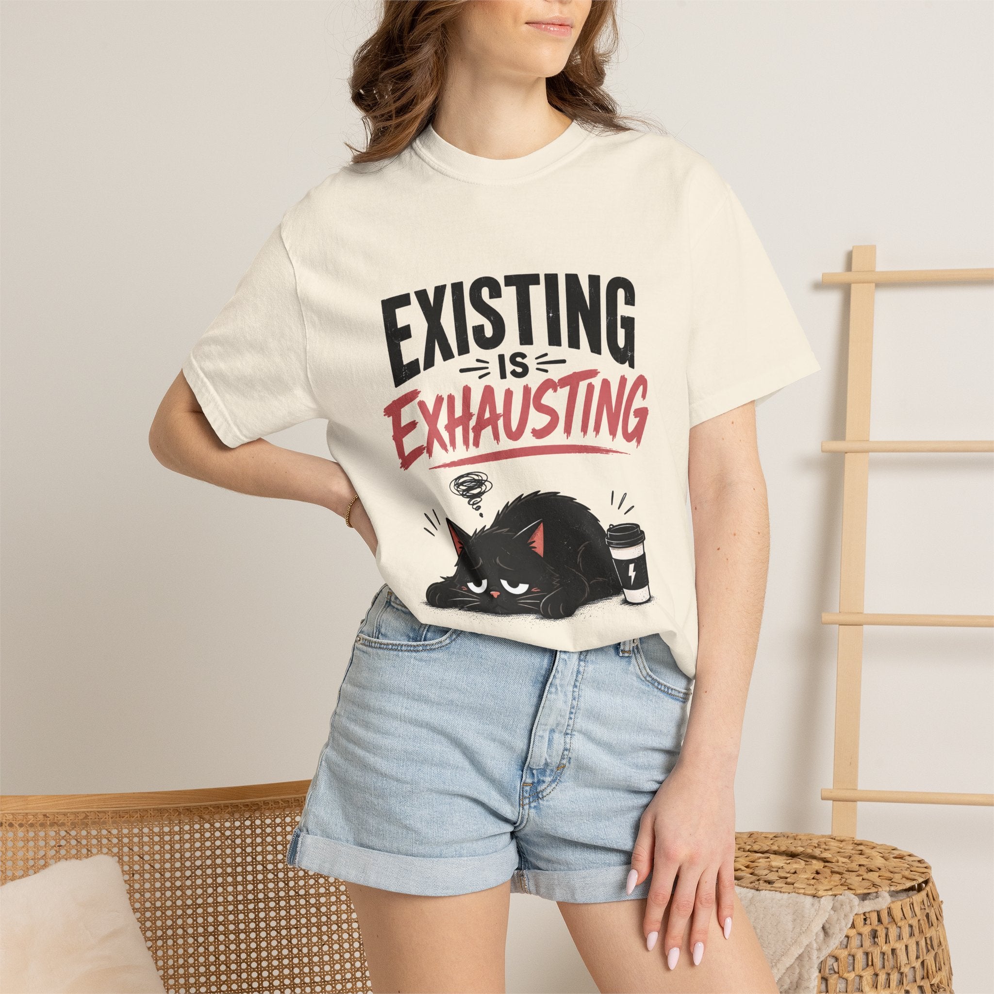 Existing Is Exhausting cat graphic T-shirt | tired black cat, coffee illustration