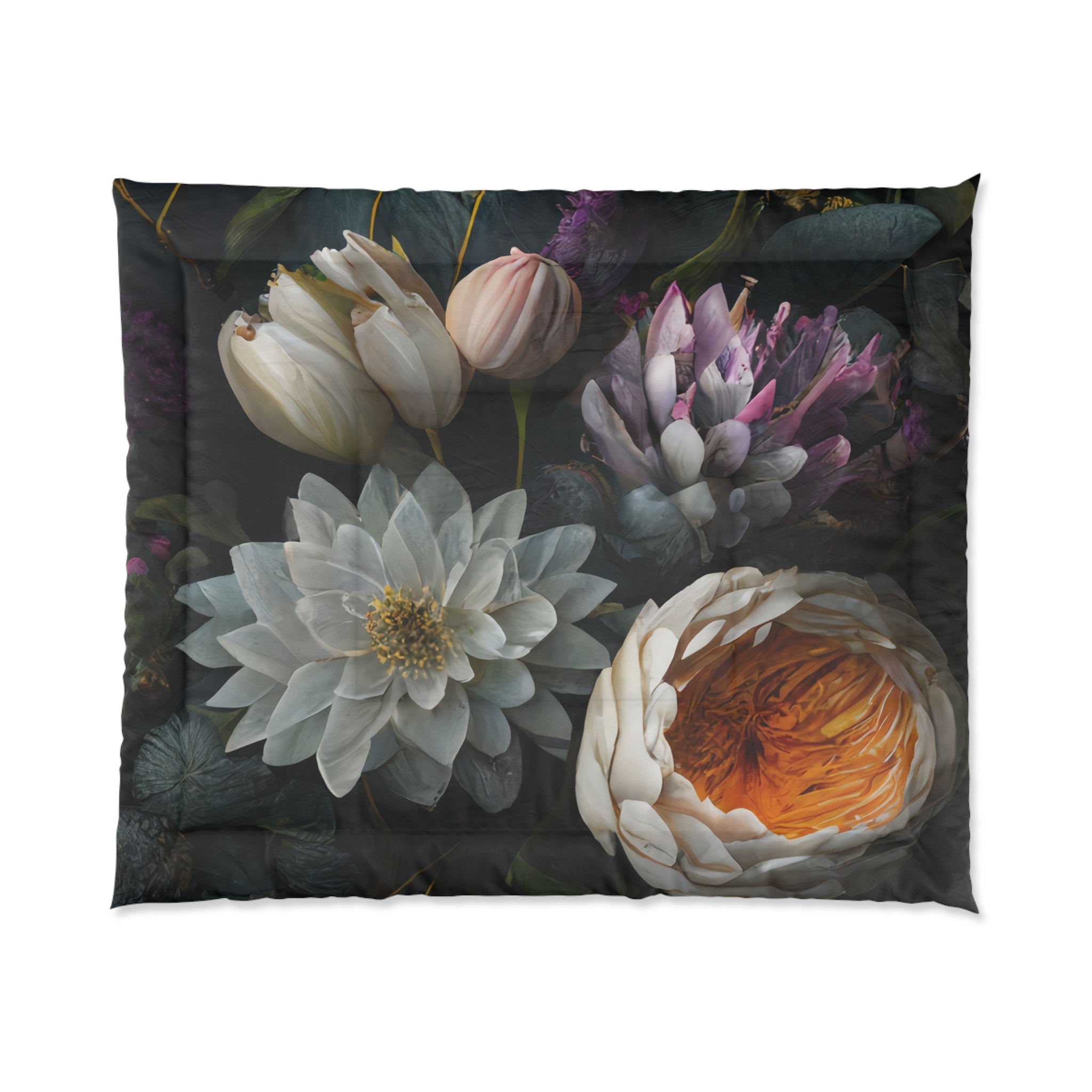 Vintage Floral Bouquet Comforter | Dark Botanical Flowers, Rose Dahlia Peony