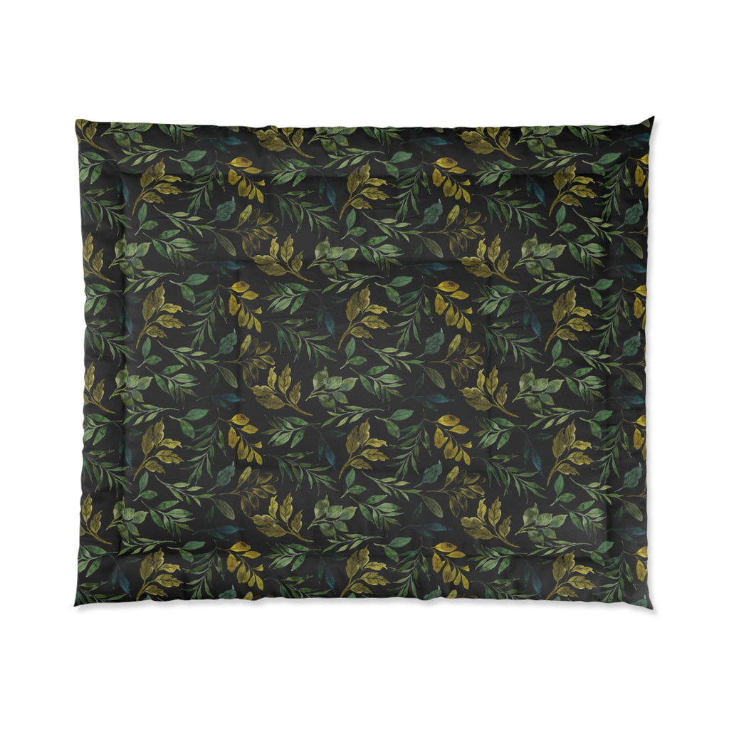 Dark Green Leaf Pattern Comforter | Botanical Foliage Bedding