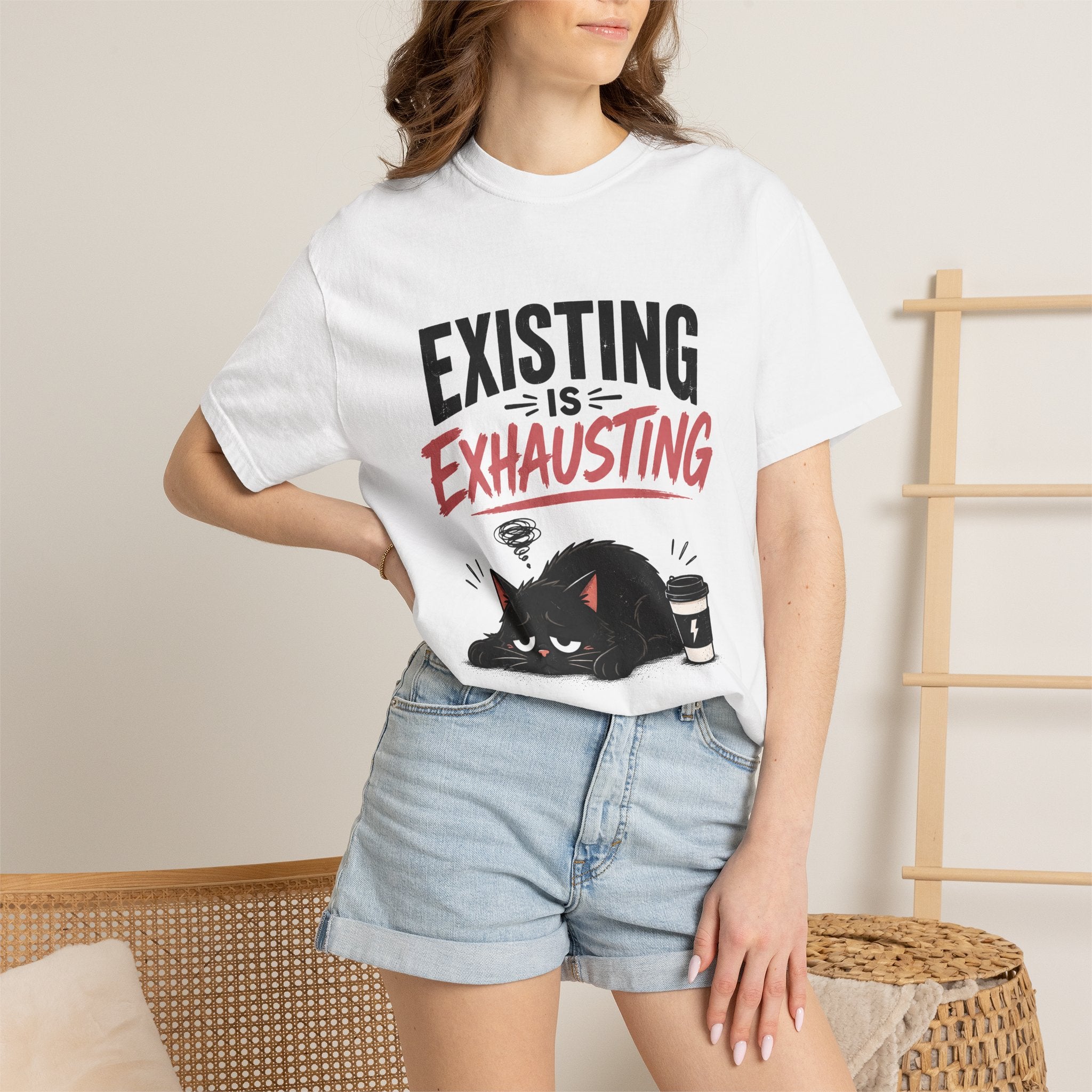 Existing Is Exhausting cat graphic T-shirt | tired black cat, coffee illustration