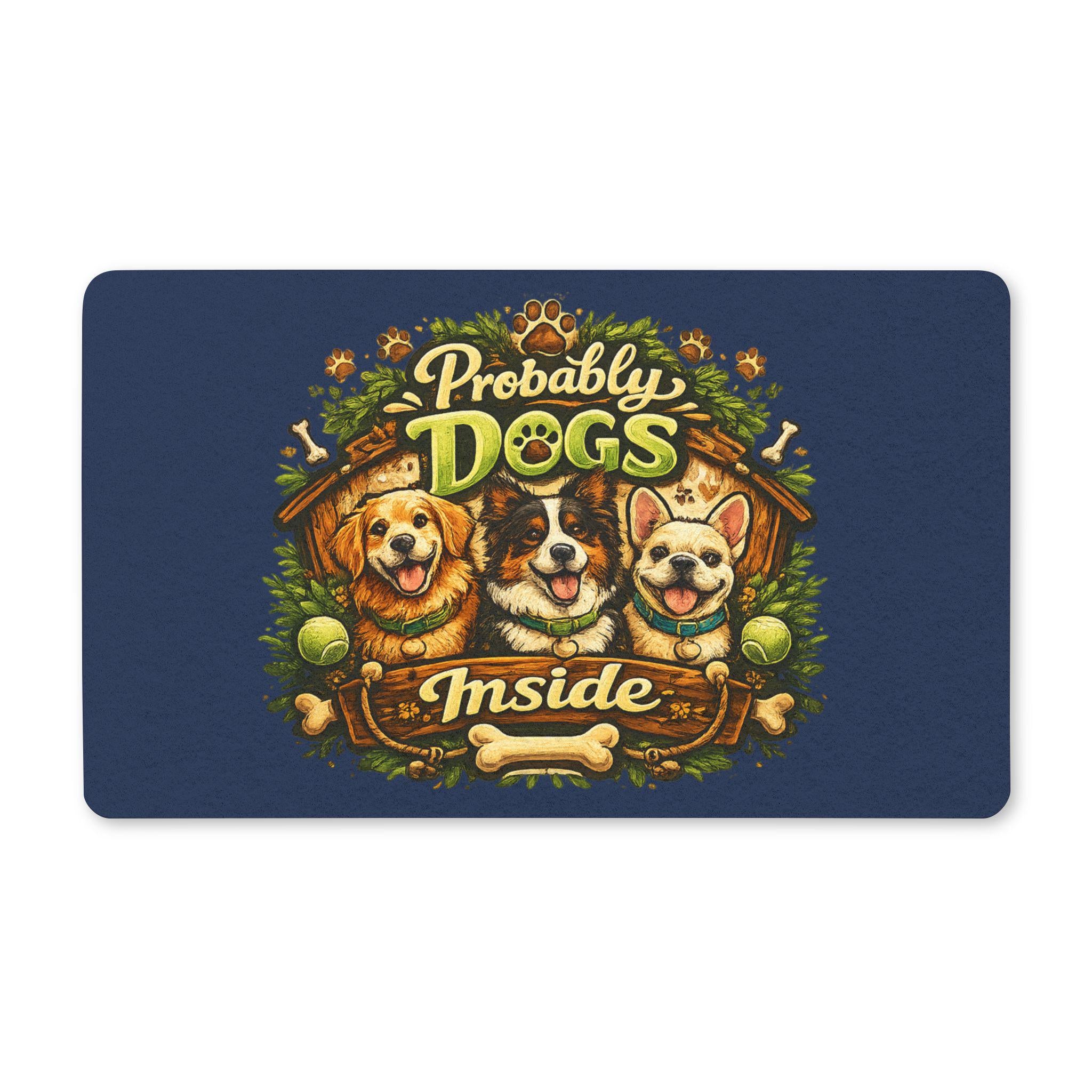 Probably Dogs Inside Doormat | Cute Dog Trio, Paw Print Welcome Mat