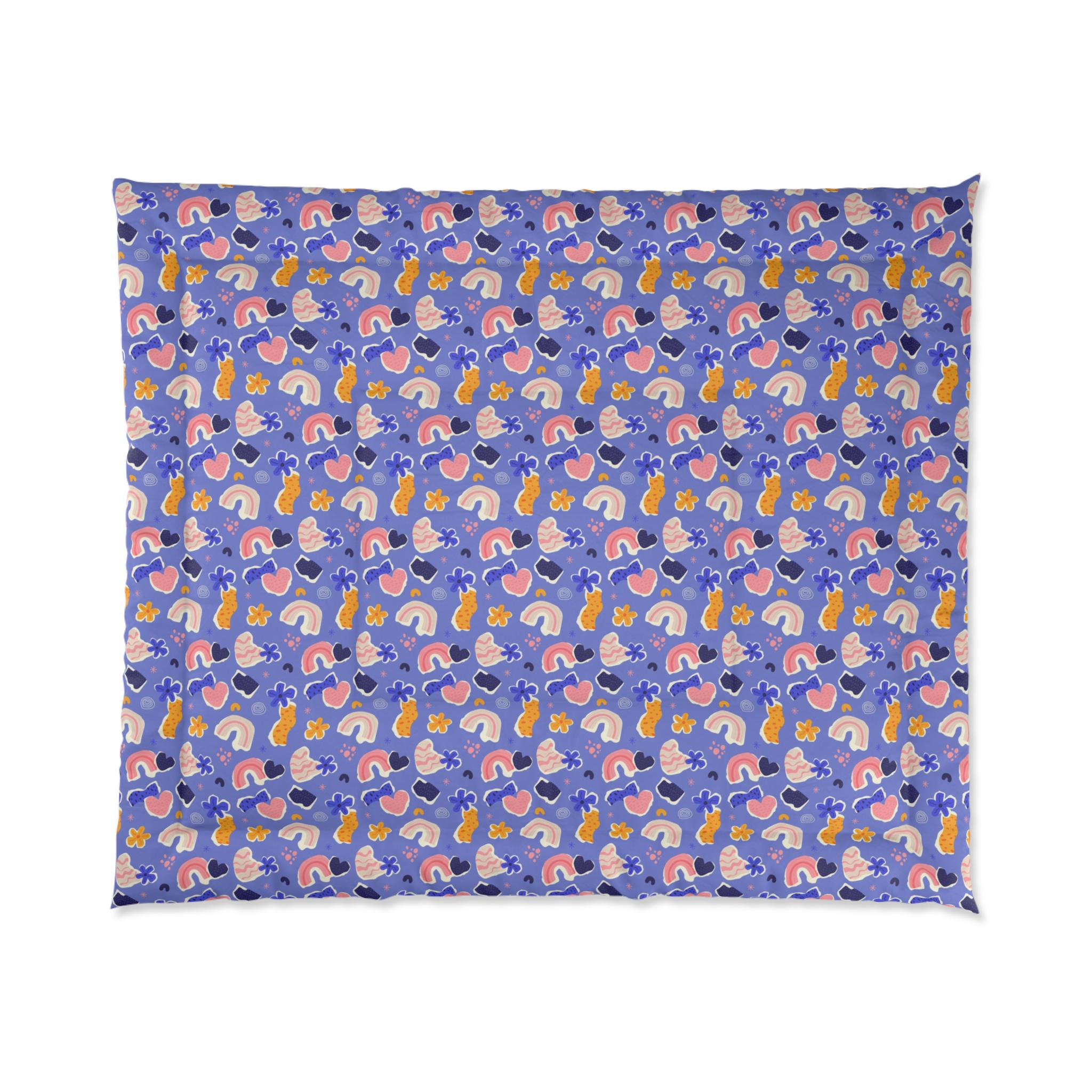 Abstract Rainbow Hearts Comforter | Purple Floral Pattern Bedding