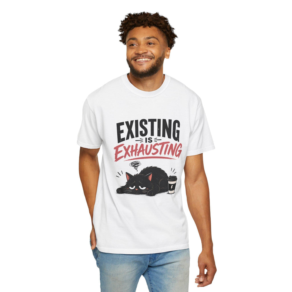 Existing Is Exhausting cat graphic T-shirt | tired black cat, coffee illustration