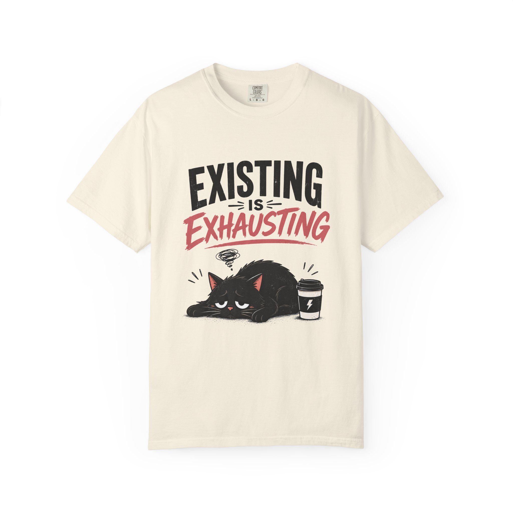 Existing Is Exhausting cat graphic T-shirt | tired black cat, coffee illustration