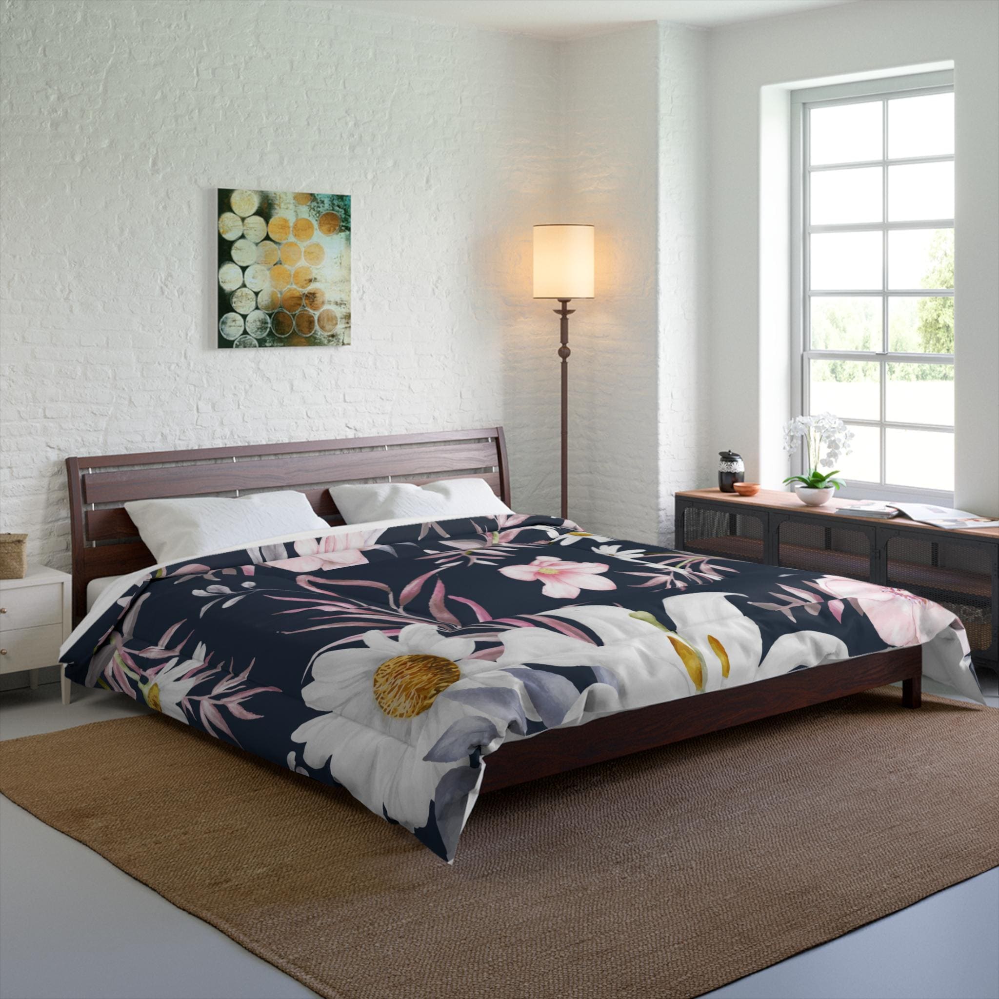 Pink White Floral Comforter | Daisies & Blossoms on Dark Navy