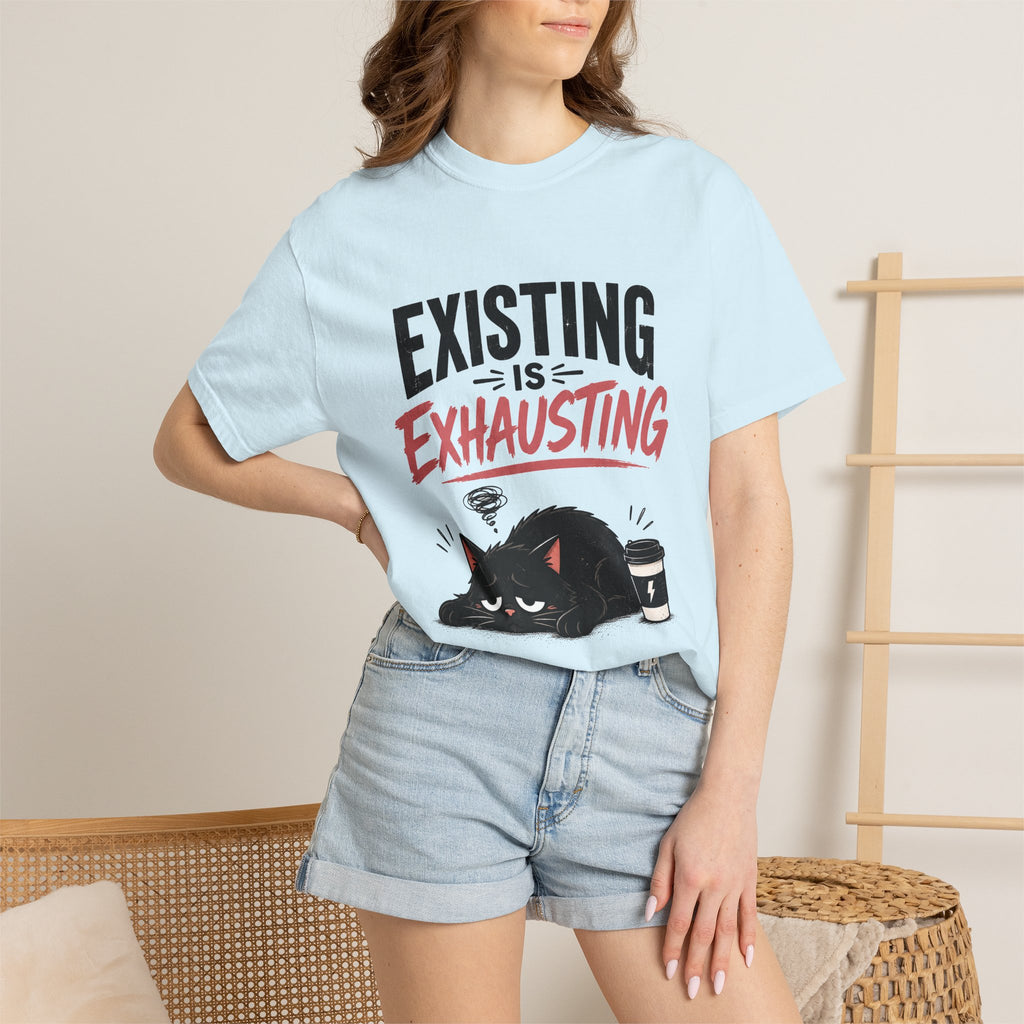 Existing Is Exhausting cat graphic T-shirt | tired black cat, coffee illustration