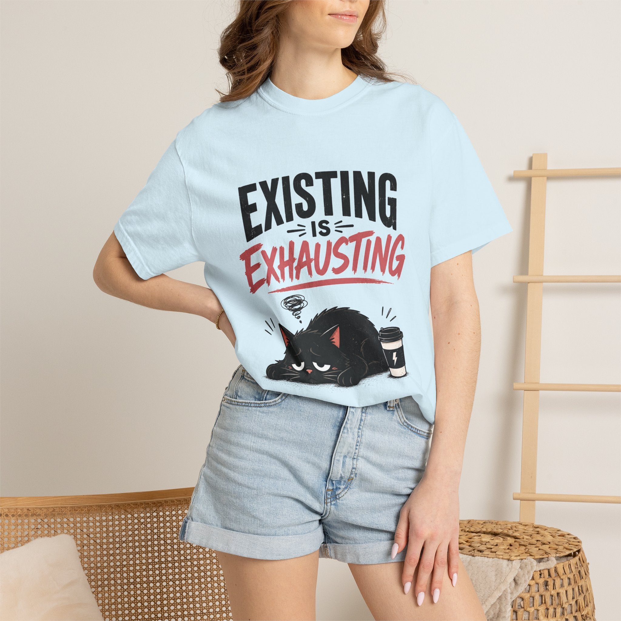 Existing Is Exhausting cat graphic T-shirt | tired black cat, coffee illustration