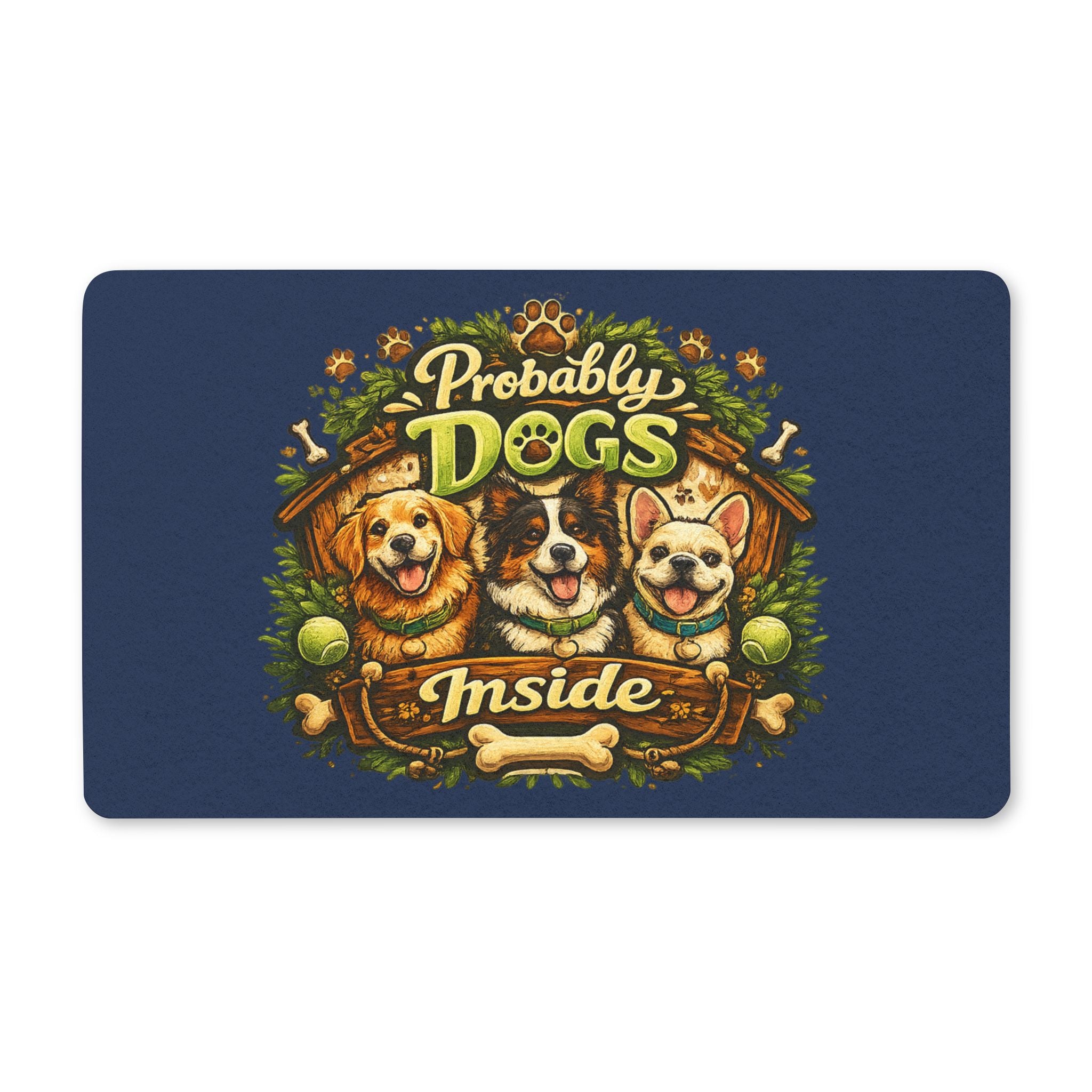Probably Dogs Inside Doormat | Cute Dog Trio, Paw Print Welcome Mat