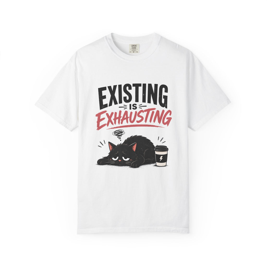 Existing Is Exhausting cat graphic T-shirt | tired black cat, coffee illustration