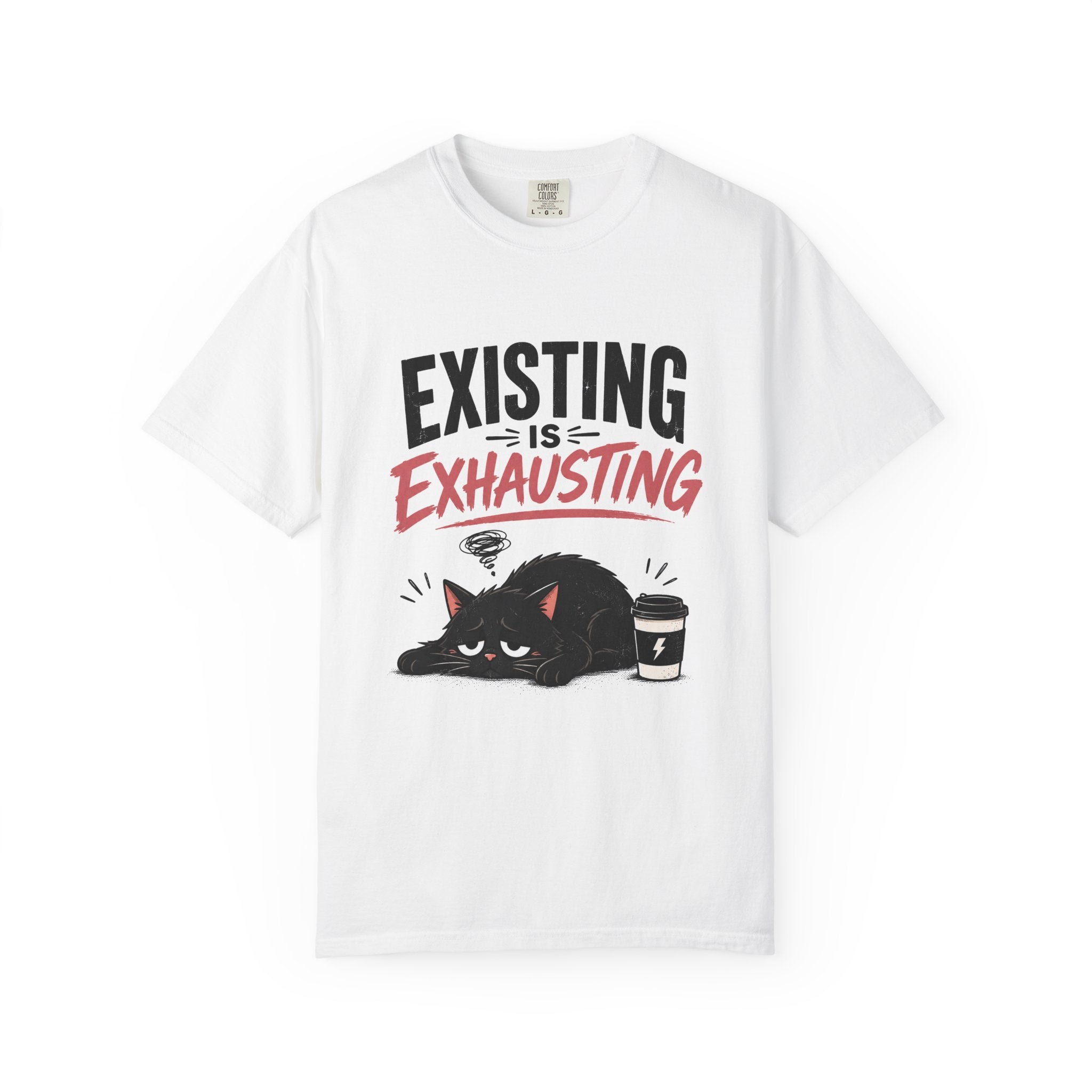 Existing Is Exhausting cat graphic T-shirt | tired black cat, coffee illustration