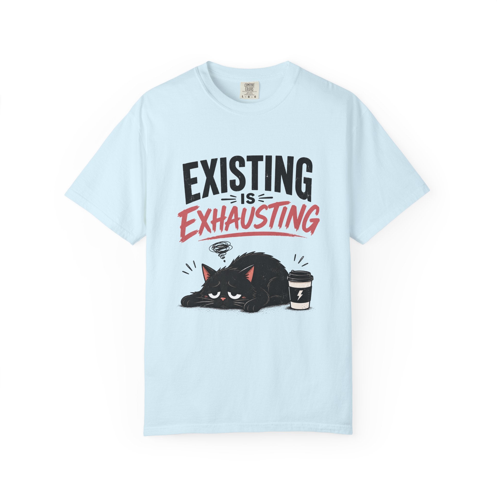 Existing Is Exhausting cat graphic T-shirt | tired black cat, coffee illustration