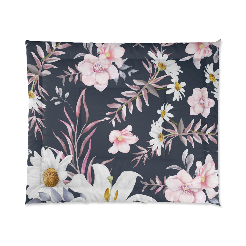 Pink White Floral Comforter | Daisies & Blossoms on Dark Navy