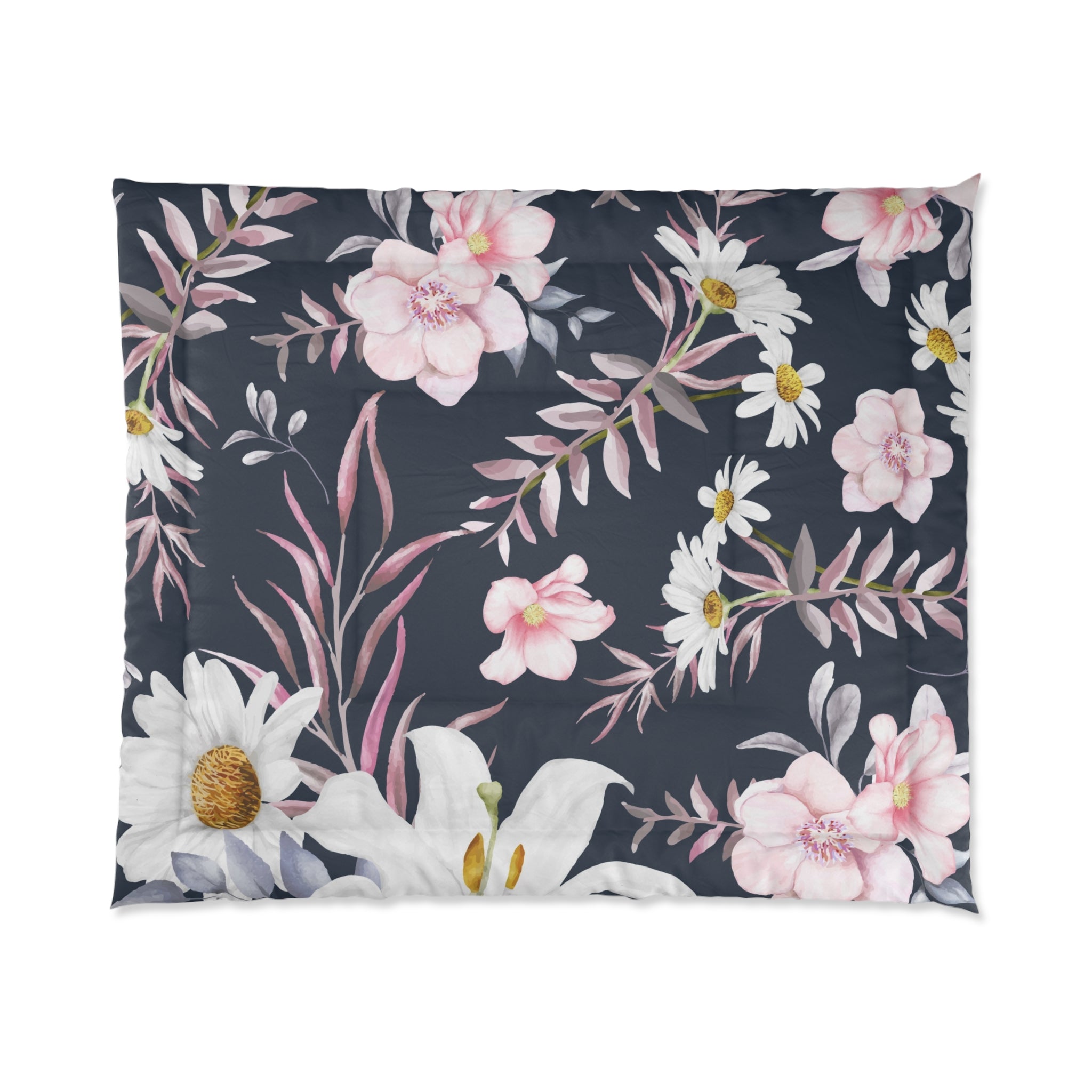 Pink White Floral Comforter | Daisies & Blossoms on Dark Navy