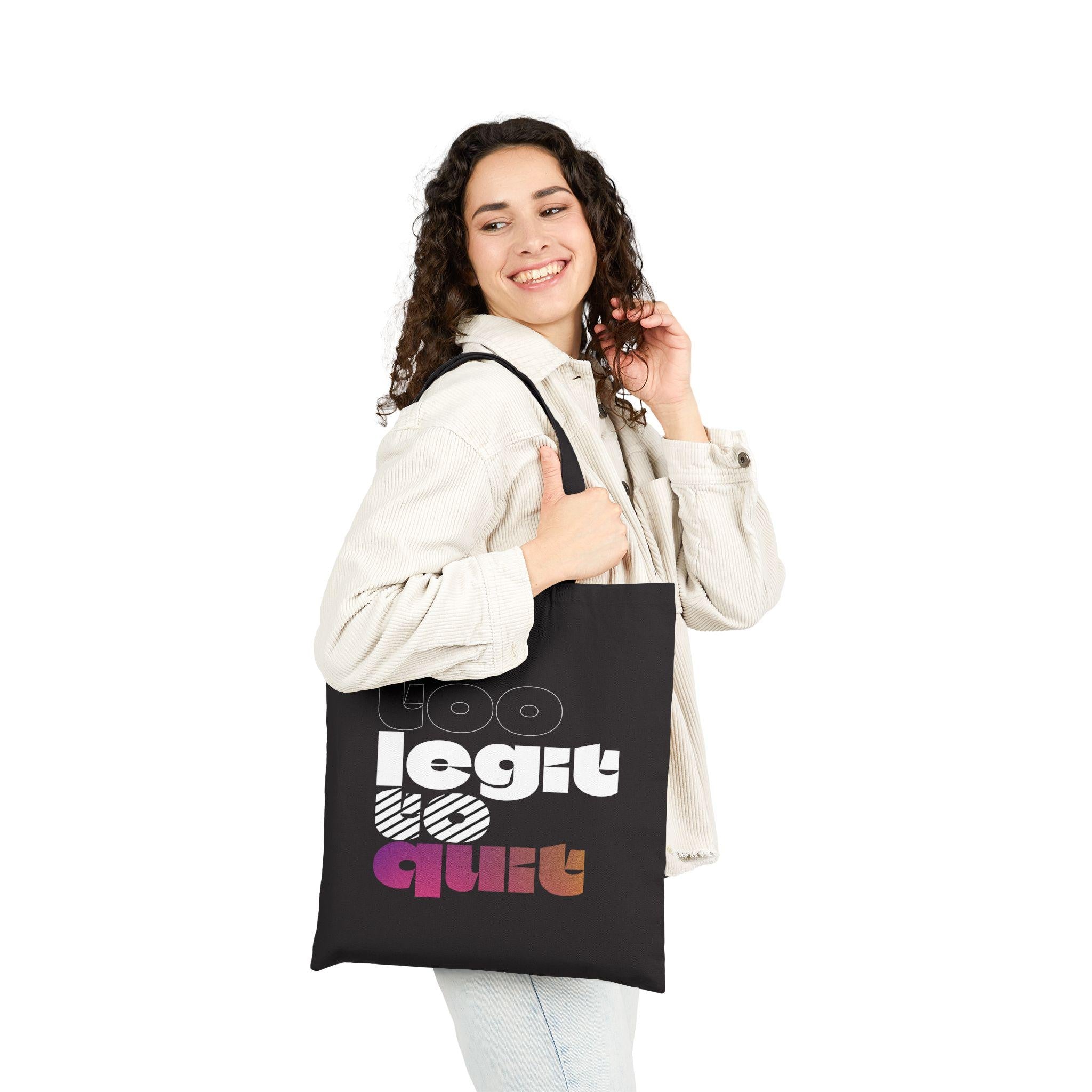 Too Legit to Quit Tote Bag | Retro Typography, Rainbow Fade