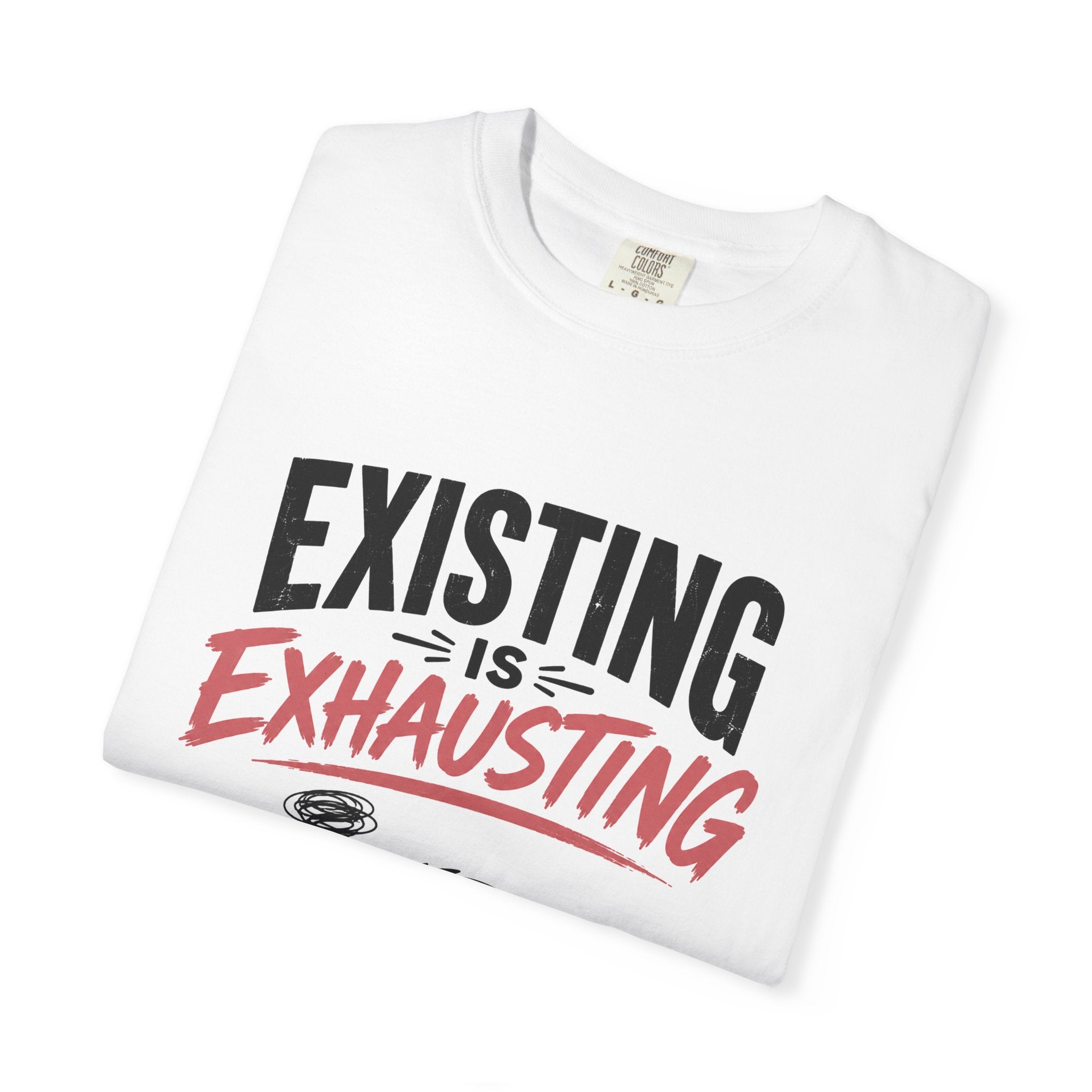 Existing Is Exhausting cat graphic T-shirt | tired black cat, coffee illustration
