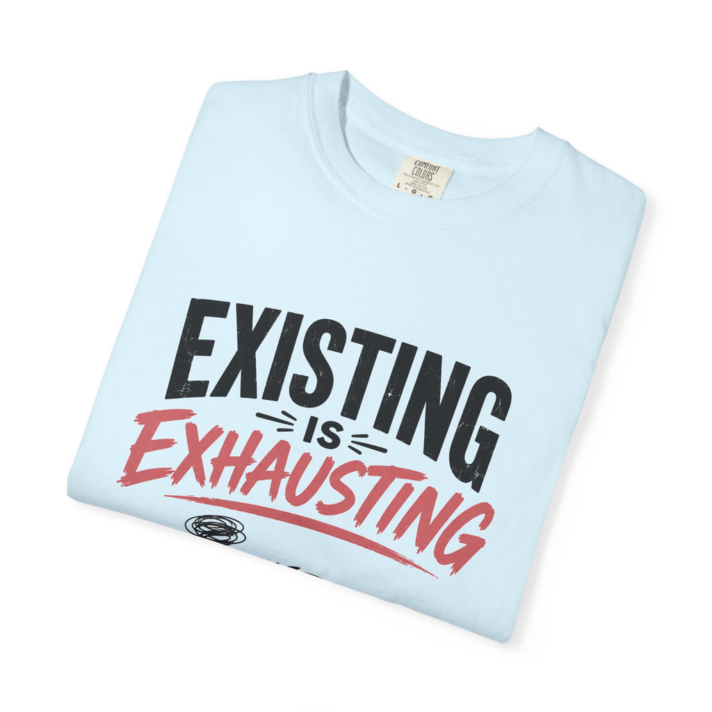 Existing Is Exhausting cat graphic T-shirt | tired black cat, coffee illustration