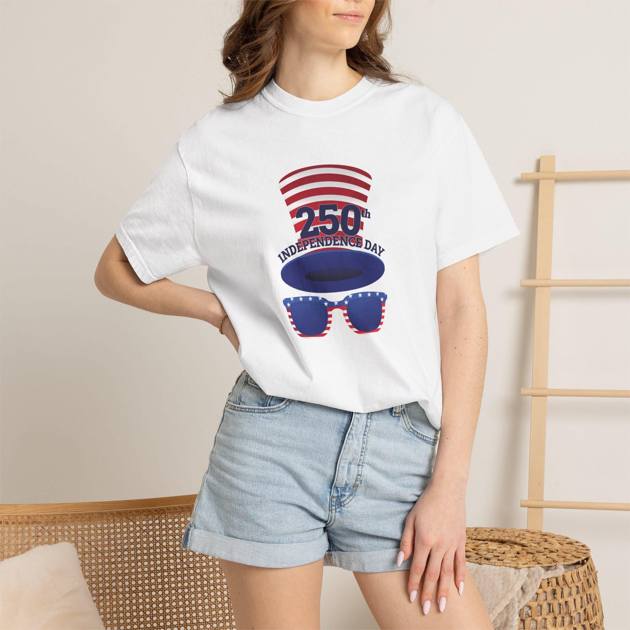 250th Independence Day Tee | Patriotic Hat and Stars Sunglasses