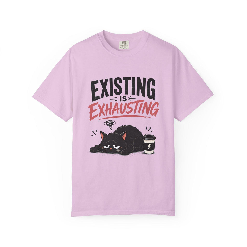 Existing Is Exhausting cat graphic T-shirt | tired black cat, coffee illustration