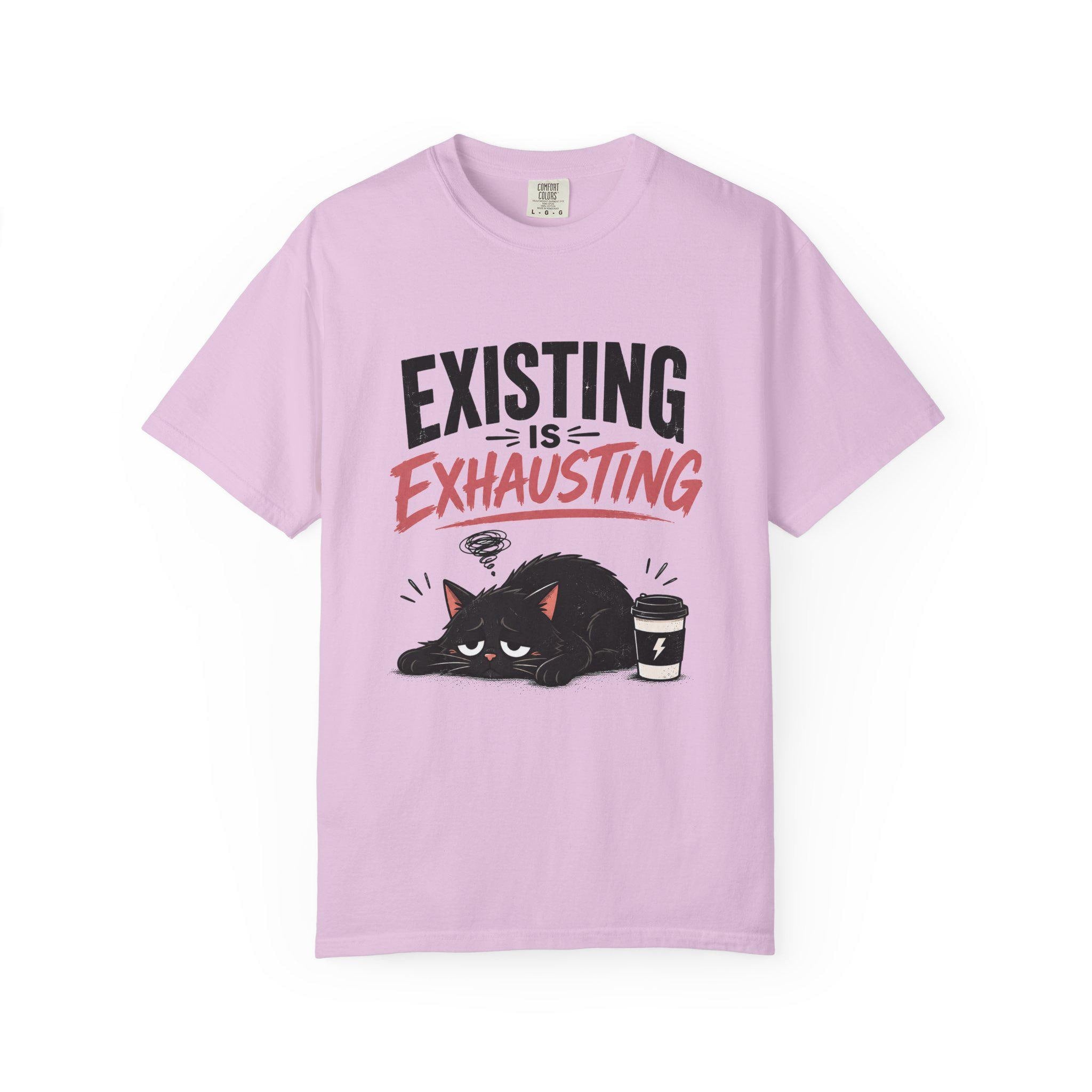 Existing Is Exhausting cat graphic T-shirt | tired black cat, coffee illustration