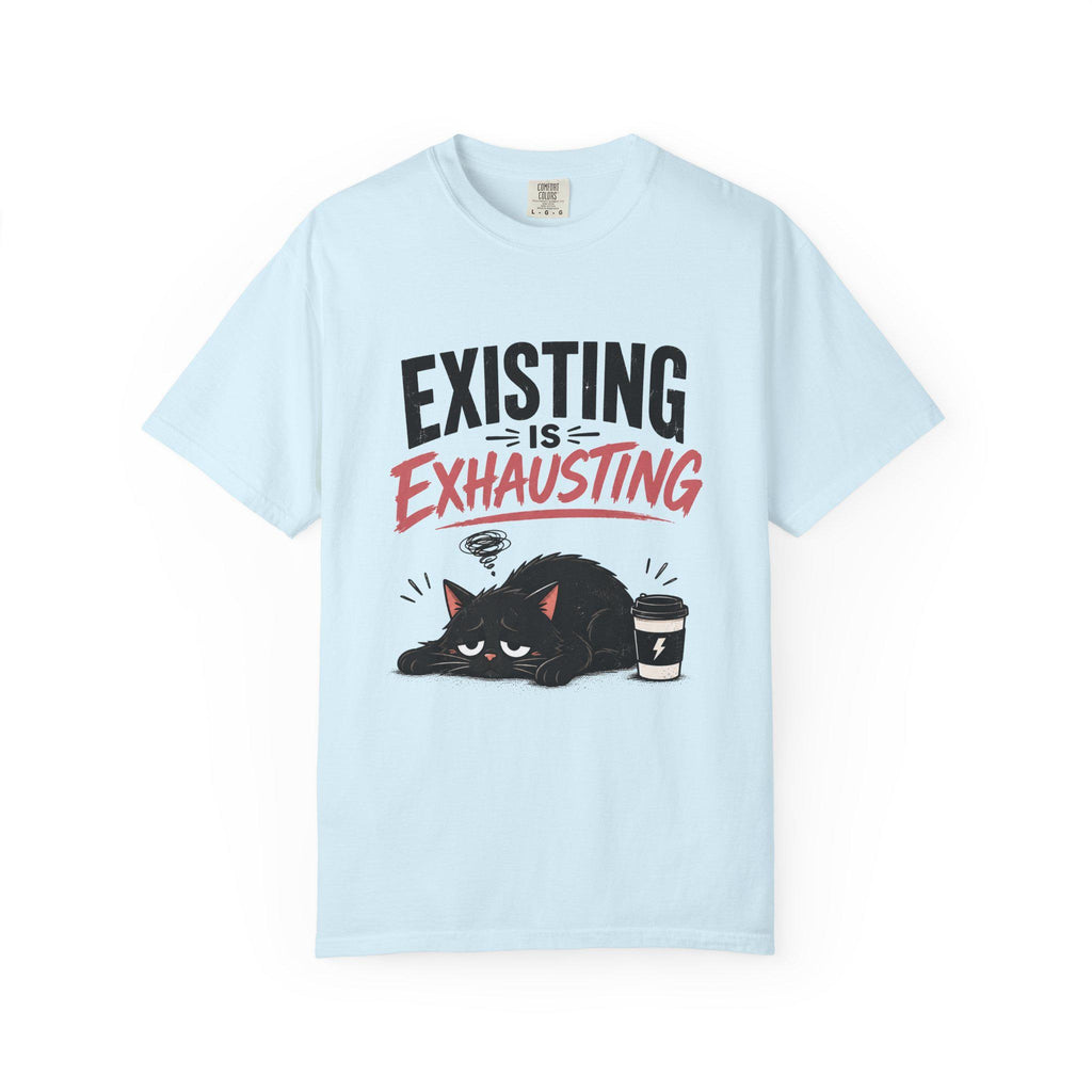 Existing Is Exhausting cat graphic T-shirt | tired black cat, coffee illustration