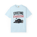 Existing Is Exhausting cat graphic T-shirt | tired black cat, coffee illustration