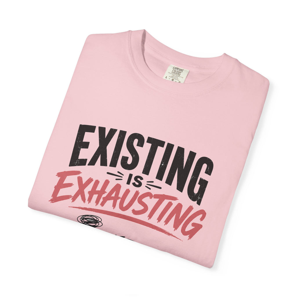Existing Is Exhausting cat graphic T-shirt | tired black cat, coffee illustration