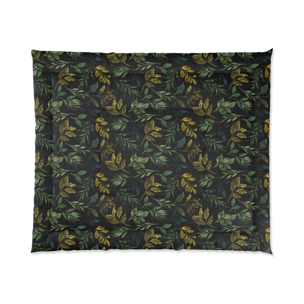Dark Green Leaf Pattern Comforter | Botanical Foliage Bedding