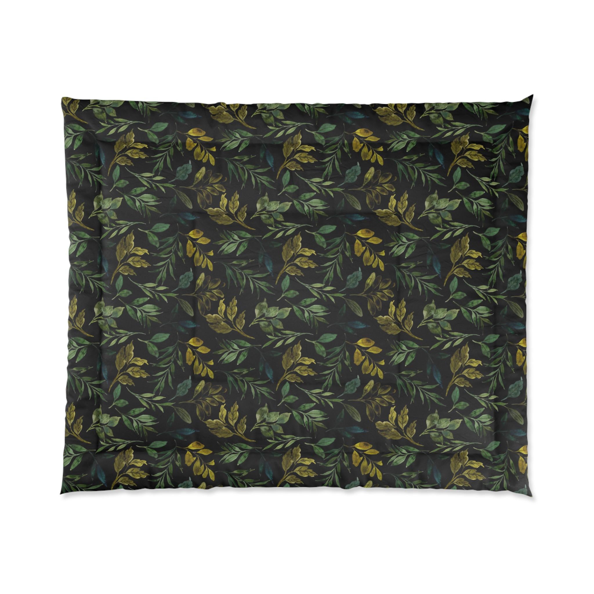 Dark Green Leaf Pattern Comforter | Botanical Foliage Bedding