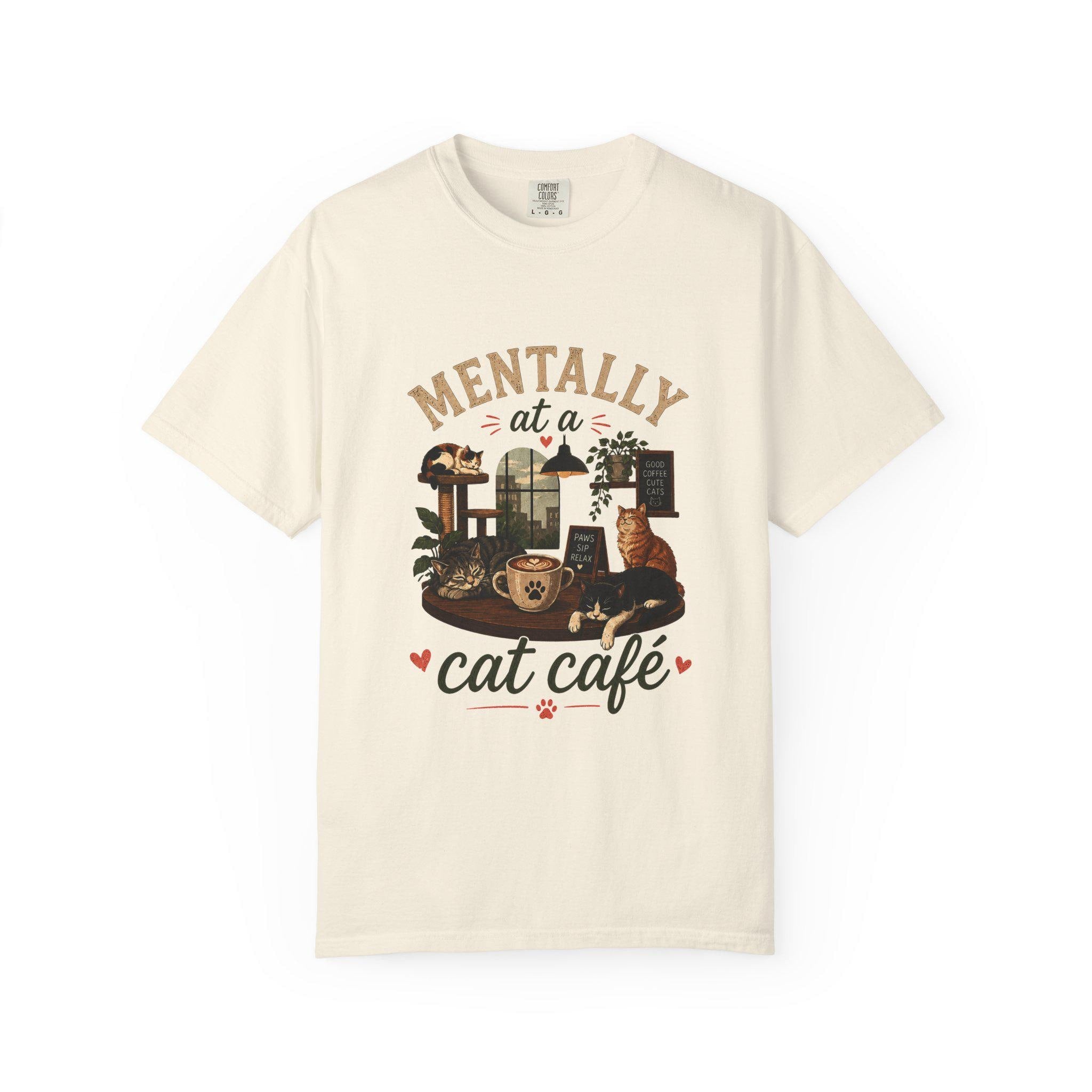 Cat Café T-Shirt | Cozy Feline Illustration, Cat Lover Apparel