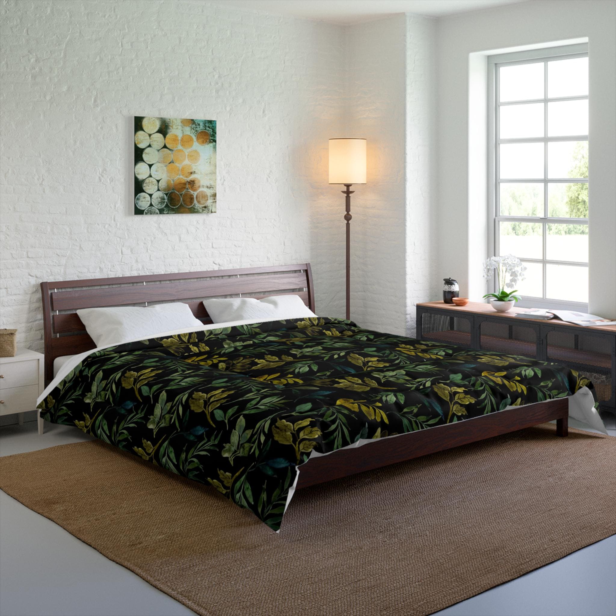 Dark Green Leaf Pattern Comforter | Botanical Foliage Bedding
