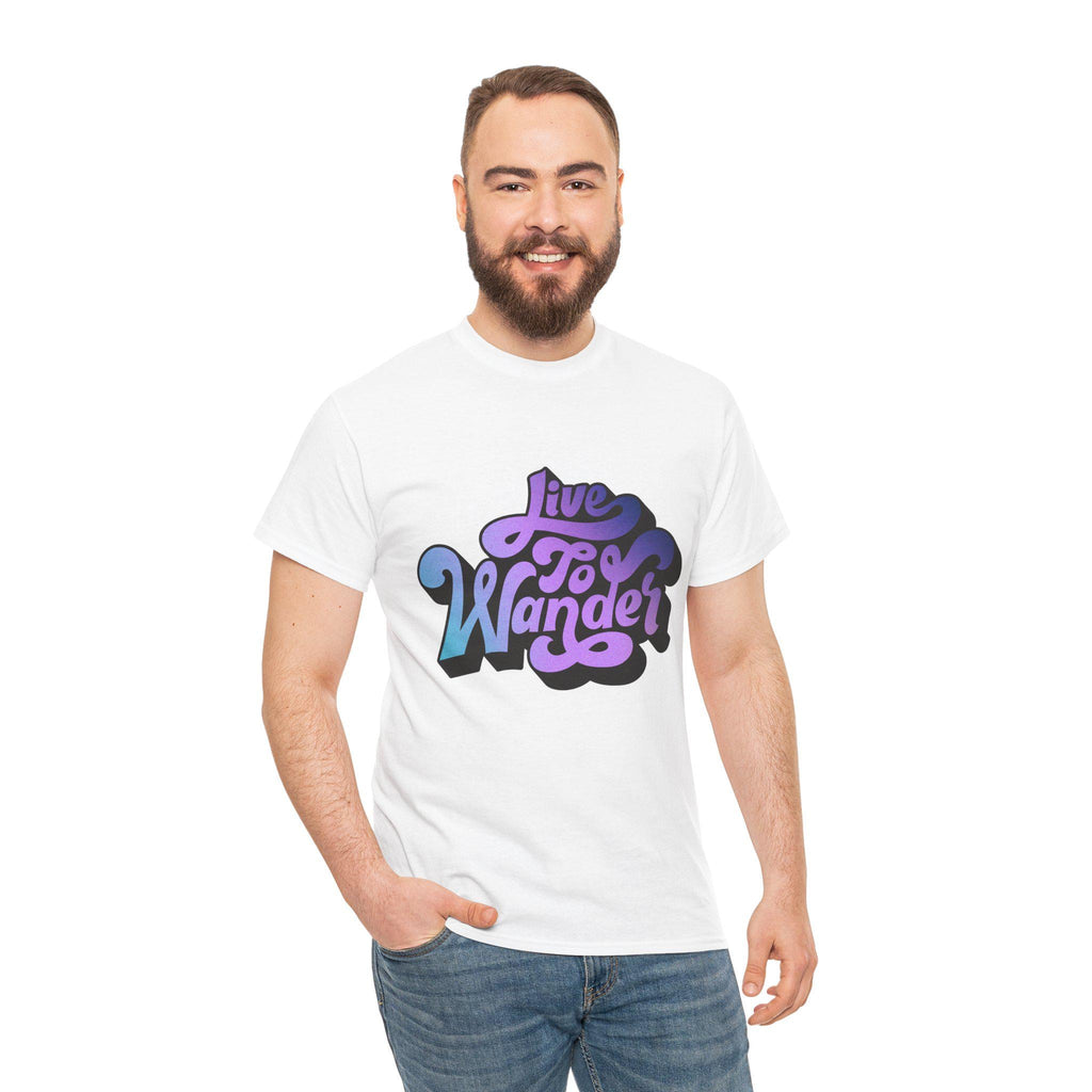 Live To Wander graphic tee | Travel lettering shirt, purple blue retro design