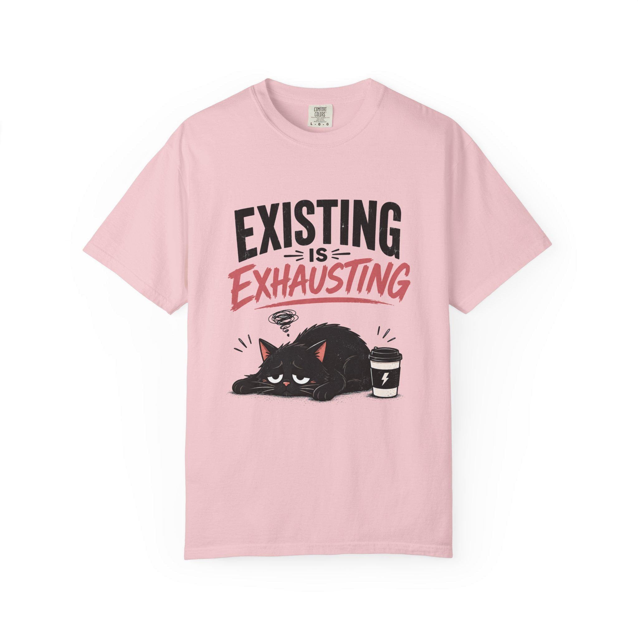 Existing Is Exhausting cat graphic T-shirt | tired black cat, coffee illustration
