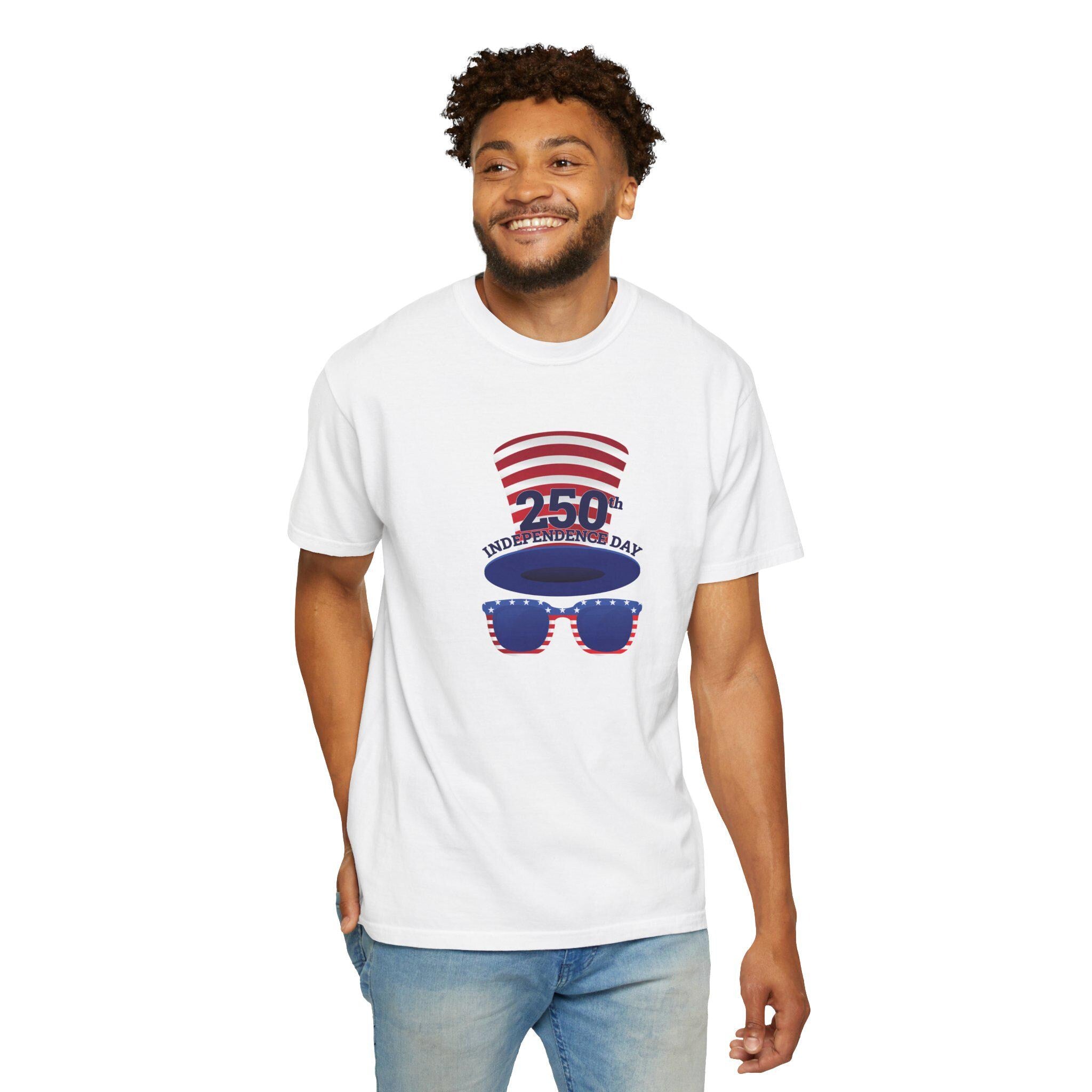 250th Independence Day Tee | Patriotic Hat and Stars Sunglasses