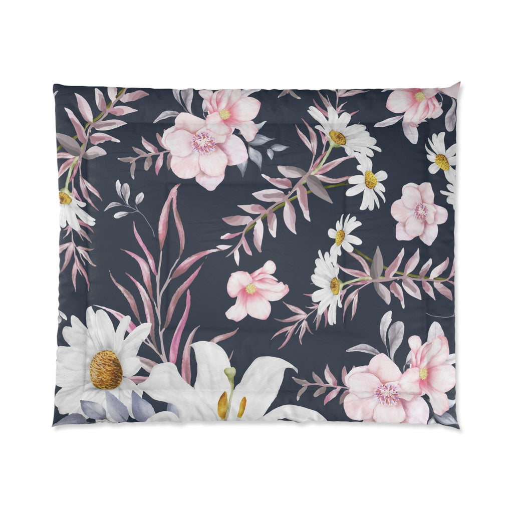 Pink White Floral Comforter | Daisies & Blossoms on Dark Navy