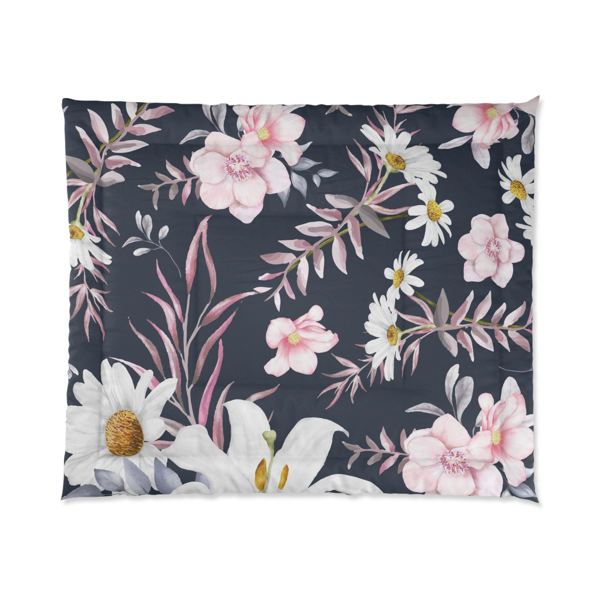 Pink White Floral Comforter | Daisies & Blossoms on Dark Navy